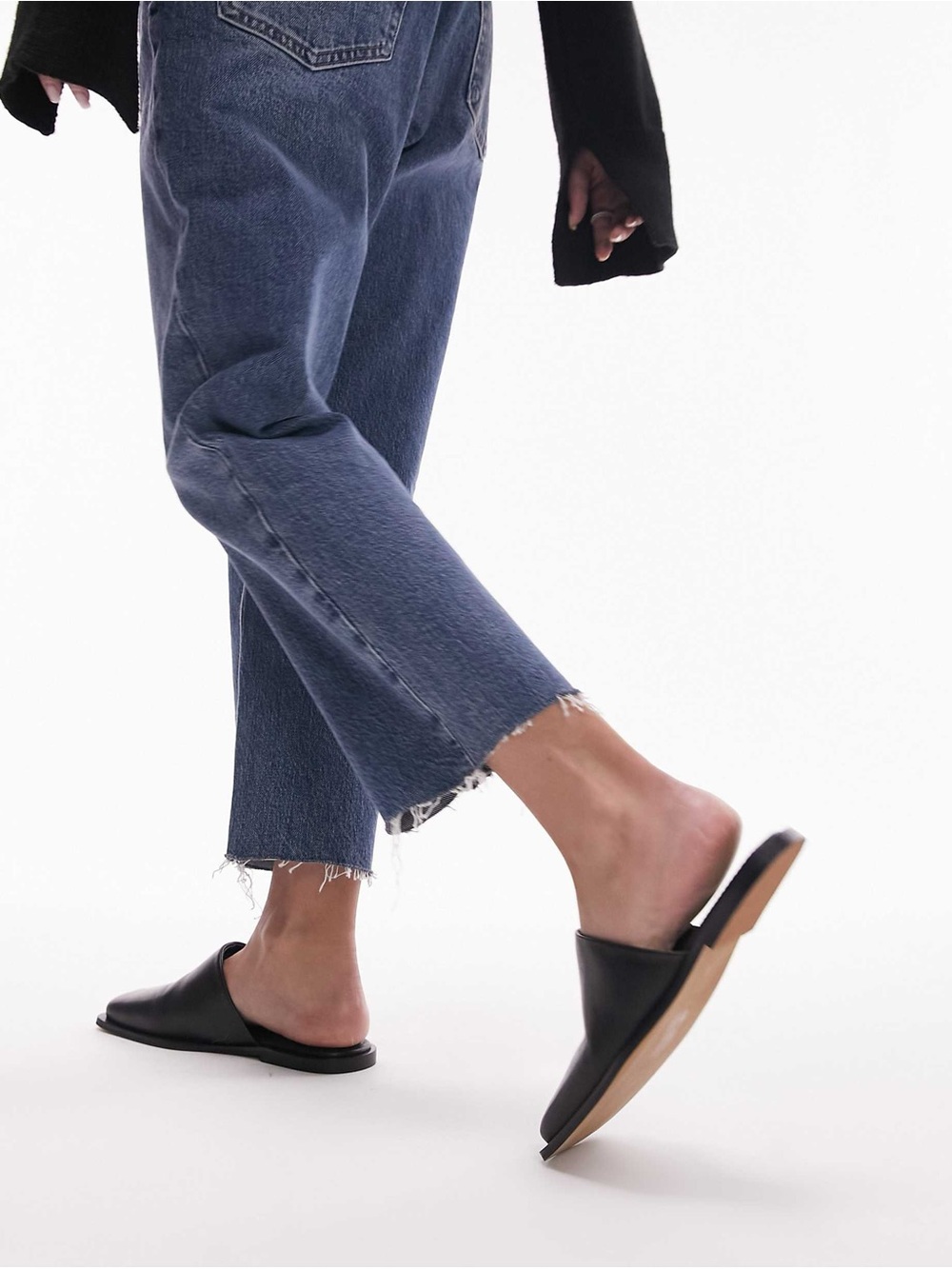 Topshop Cici Black Leather Square Toe Flat Mules Women Size 8 - Picture 8 of 13